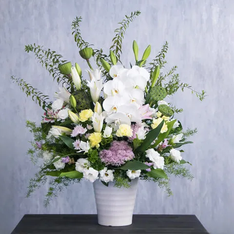 白基調の豪華お供え用胡蝶蘭アレンジメント