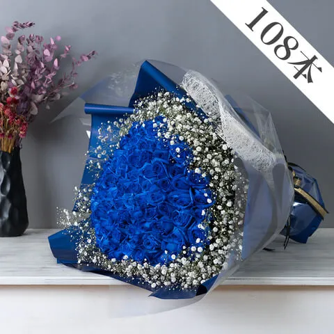 青バラ108本の花束（かすみ草入り）