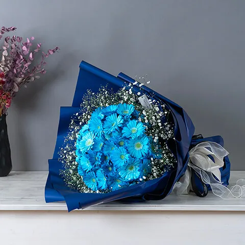 青ガーベラ100本の花束(かすみ草入り)