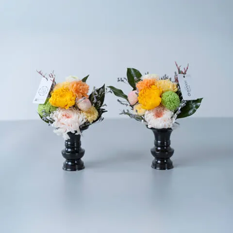 仏壇用 プリザーブドフラワー（花瓶黒色x2付き）黄色