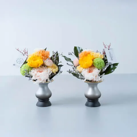 仏壇用 プリザーブドフラワー（花瓶シルバー色x2付き）黄色
