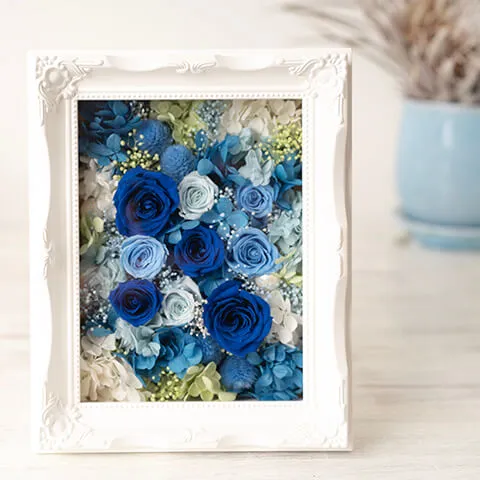 ブルー系フレームBOXプリザーブドフラワー