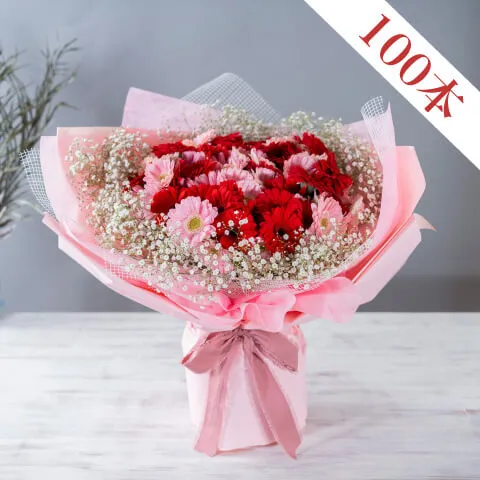 ガーベラ100本の花束(かすみ草入り)