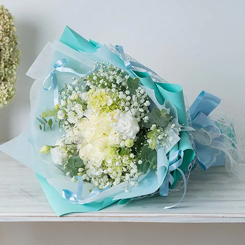 ”ブルーエレガンス” 白バラ12本入り｜プリンセスドレスブーケ