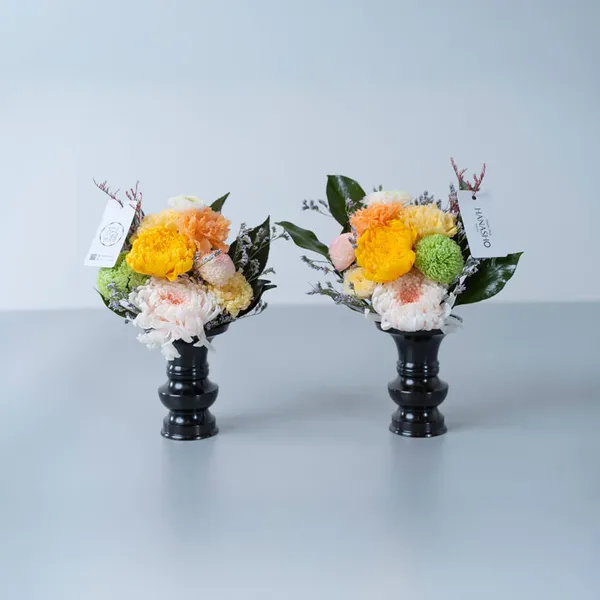 仏壇用 プリザーブドフラワー（花瓶黒色x2付き）黄色