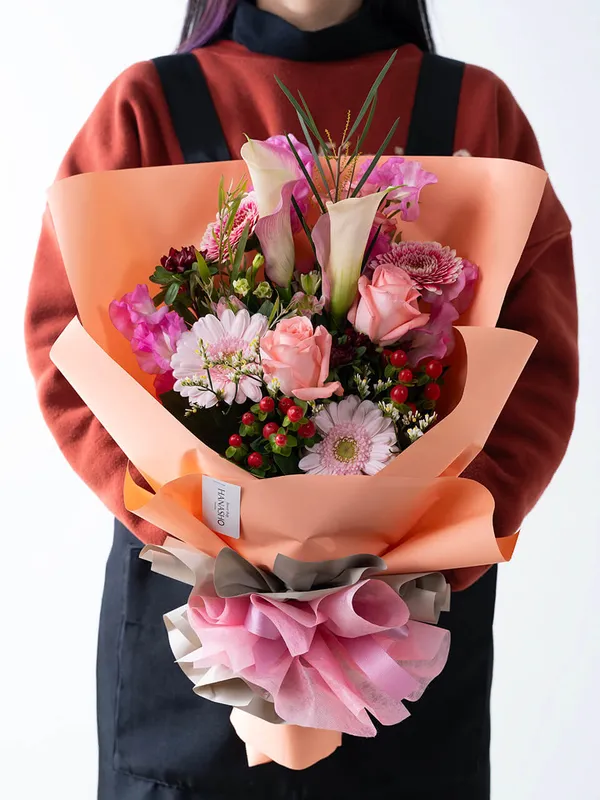 韓国風ラッピング】ピンク系ドレスブーケ｜広島花屋オンラインショップ花将