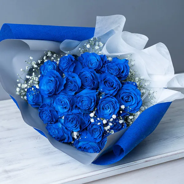 青いバラ20本とかすみ草の花束｜広島花屋オンラインショップ花将