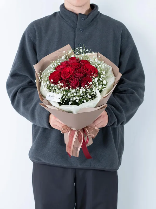 赤バラ12本の花束（かすみ草入り）｜広島花屋オンラインショップ花将