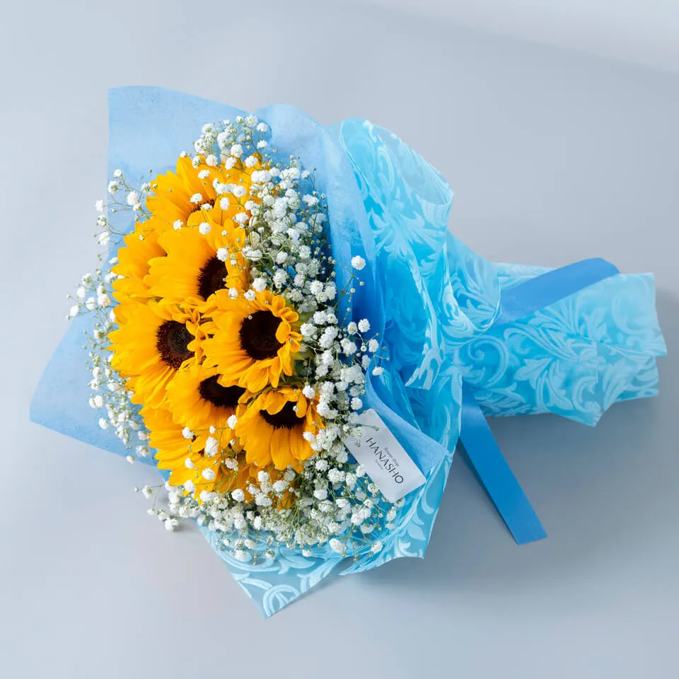 ひまわり12本とかすみ草の花束｜広島花屋オンラインショップ花将