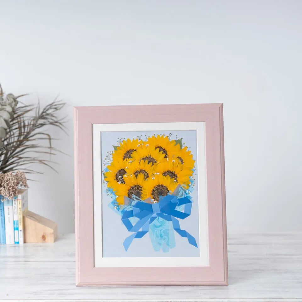 ひまわりとかすみ草 押し花【決済専用商品】【36額サイズ】【大輪9本