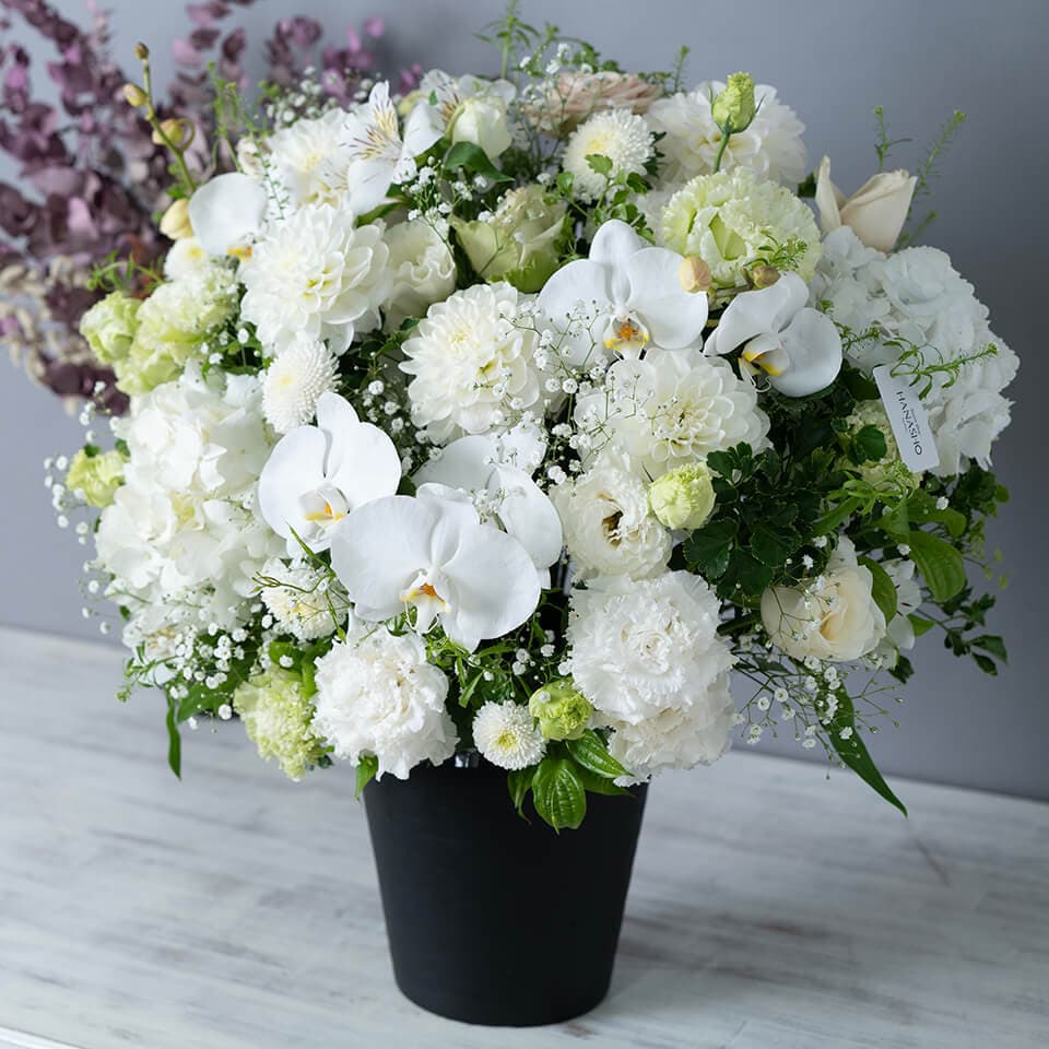 白基調で胡蝶蘭と季節の花アレンジメント 商品画像 3
