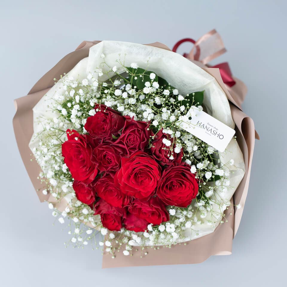 【赤バラ12本花束】と【押し花】のセット(かすみ草入り) 商品画像 2