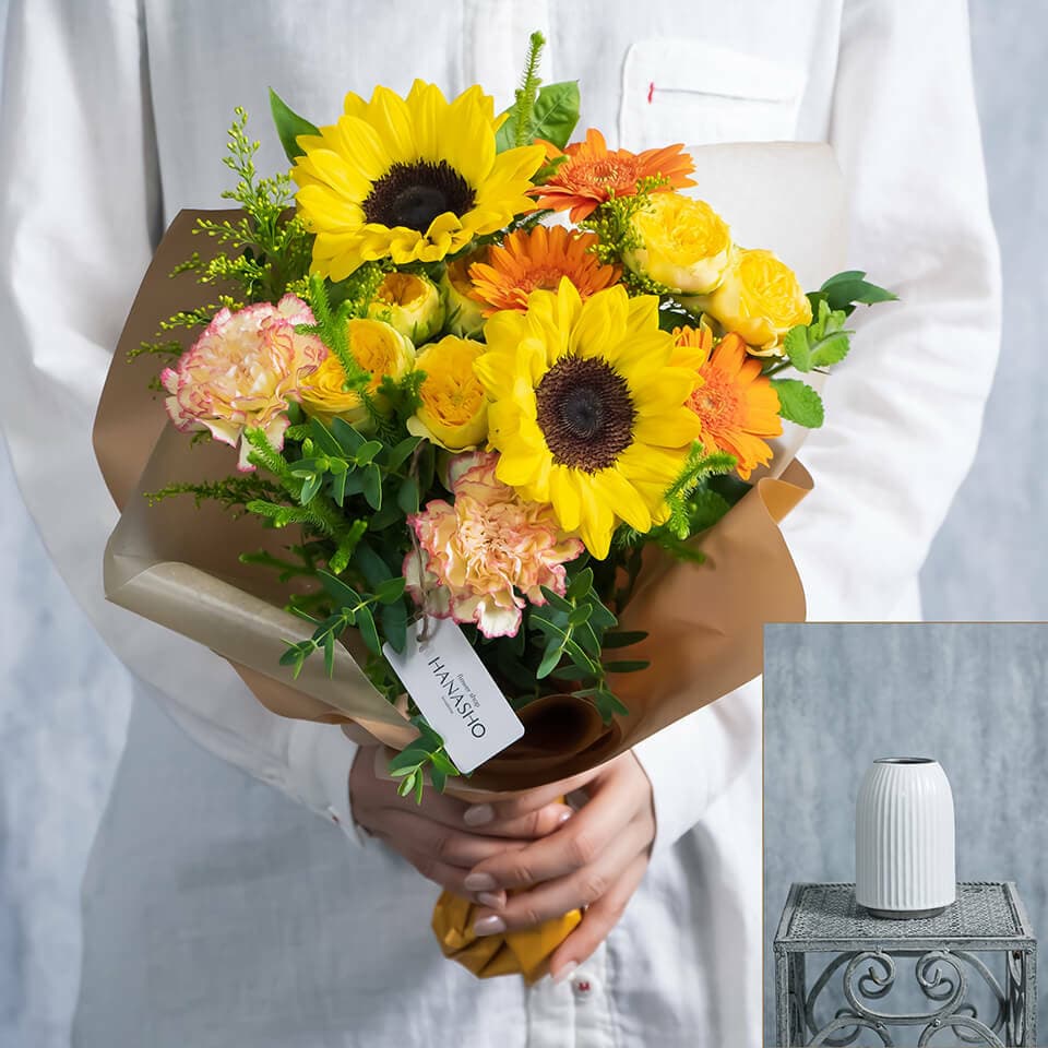 黄オレンジ系 花束と花びんのセット 商品画像 1