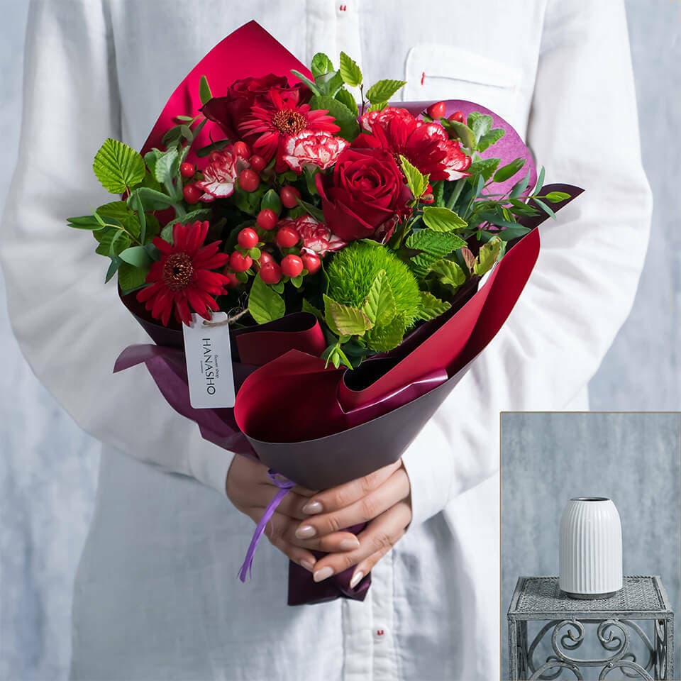 赤系でデザイナーにおまかせセット(花束と花びんのセット) 商品画像 1